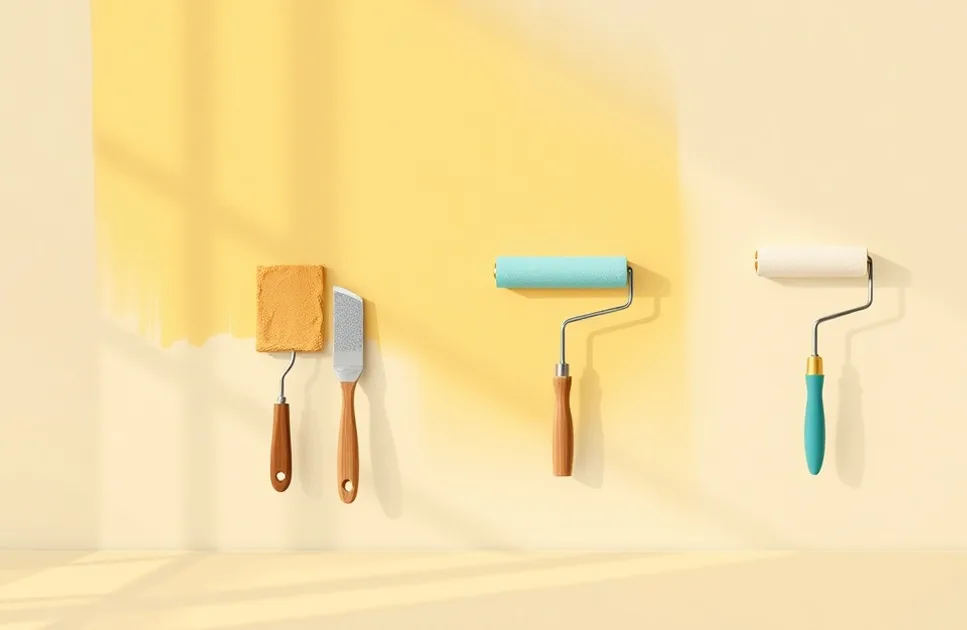 Outils de peinture disposés dans l'ordre des étapes du chantier