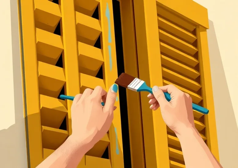 Mise en peinture au pinceau de volets et d'encadrements en bois