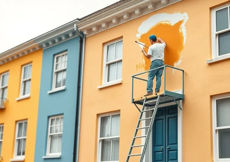 Peintre sur échafaudage traitant la façade d'une maison