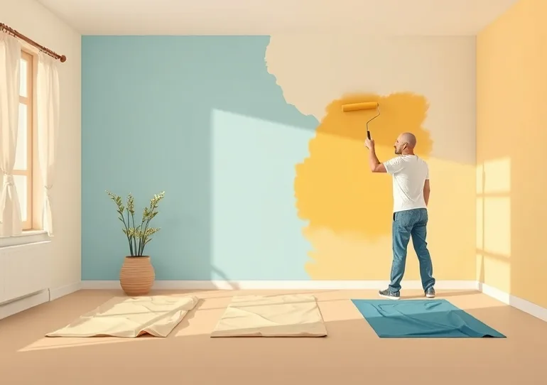 Peintre appliquant la peinture au rouleau sur un mur de salon